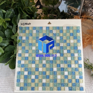 Gạch Mosaic Thủy tinh xanh ngọc rạn+đá trắng 15x15x8mm MSTT017